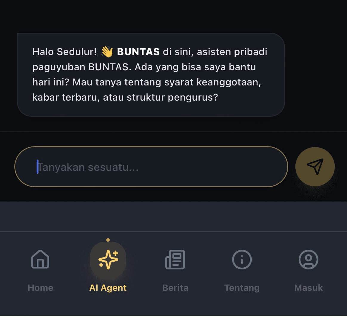 Agent AI menjadi asisten pintar BUNTAS yang mempermudah akses informasi dalam satu platform terintegrasi.